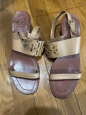 Tory Burch Beige Leather Logo Slingback Sandals